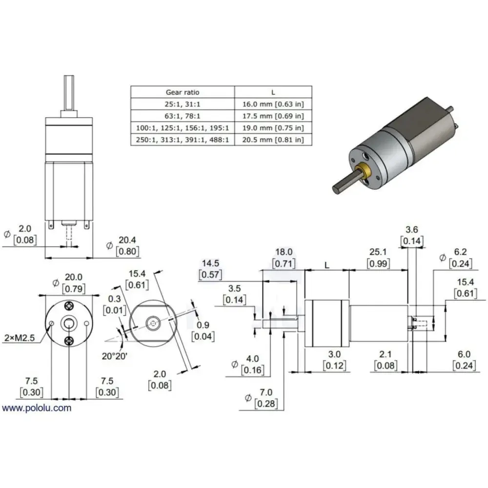 125:1 Metal Gearmotor 20Dx44L 6V CB w/ Extended Shaft