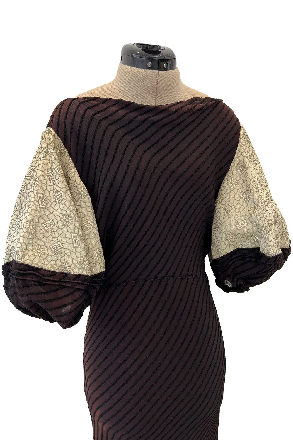 1930s Bias Cut Silk & Chenille Dress w Amazing Silk Metallic Lame Balloon Sleeves