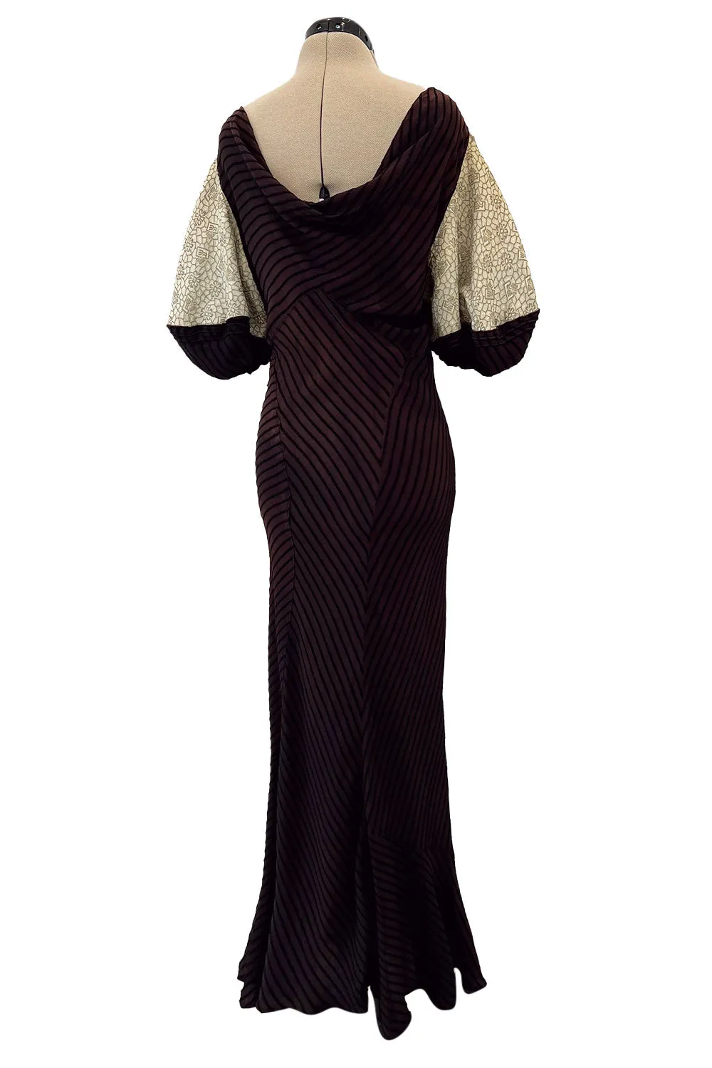 1930s Bias Cut Silk & Chenille Dress w Amazing Silk Metallic Lame Balloon Sleeves