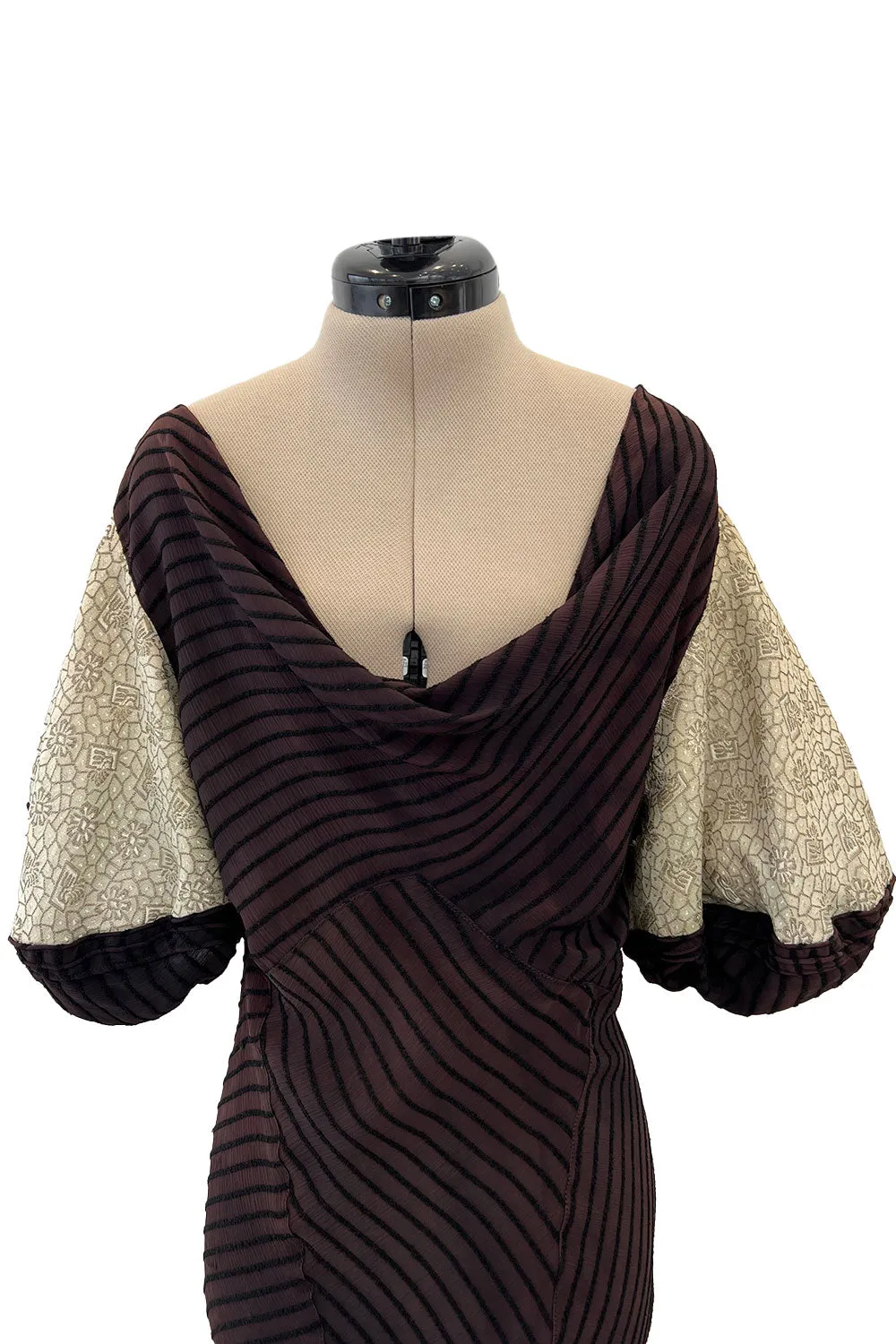 1930s Bias Cut Silk & Chenille Dress w Amazing Silk Metallic Lame Balloon Sleeves