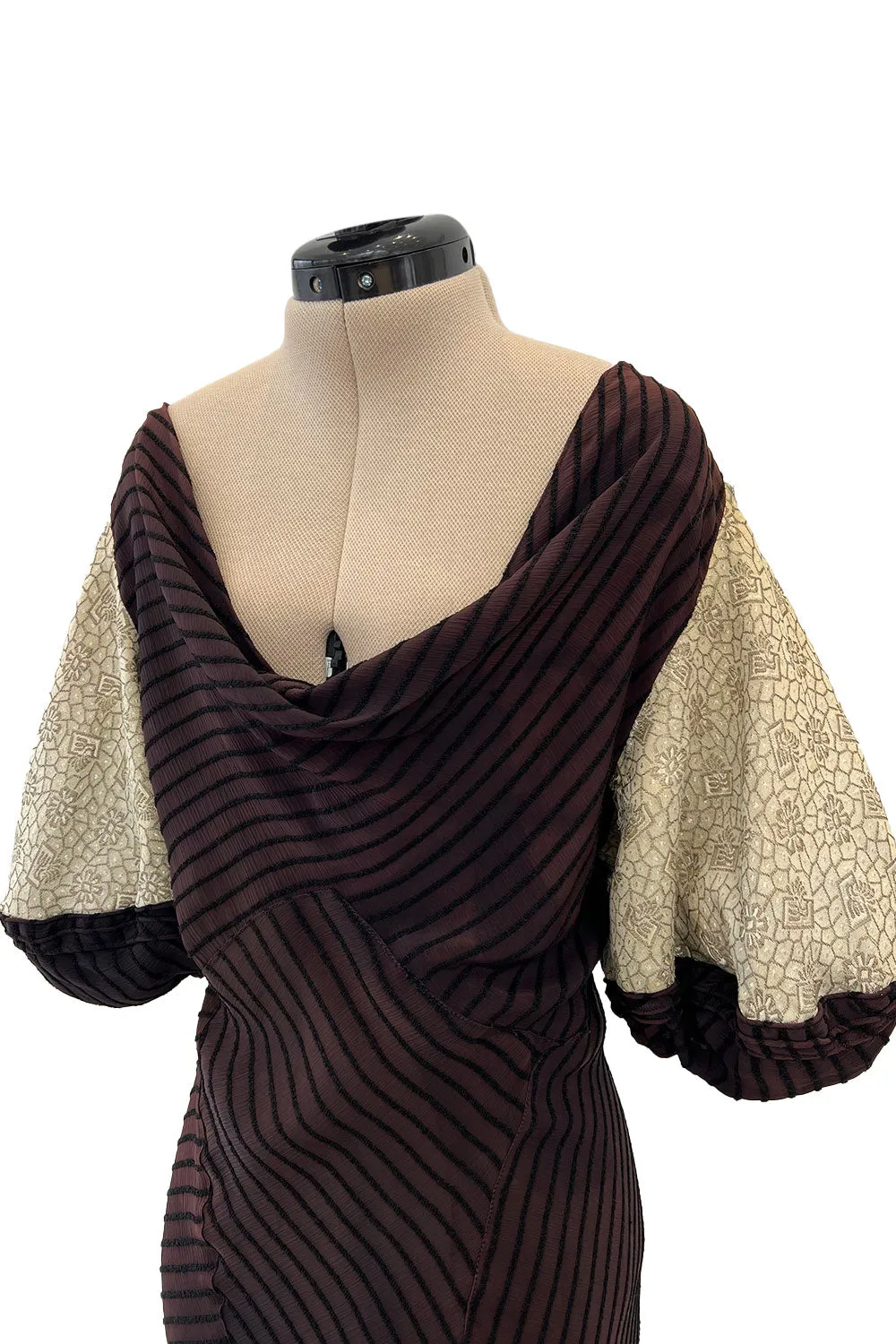 1930s Bias Cut Silk & Chenille Dress w Amazing Silk Metallic Lame Balloon Sleeves