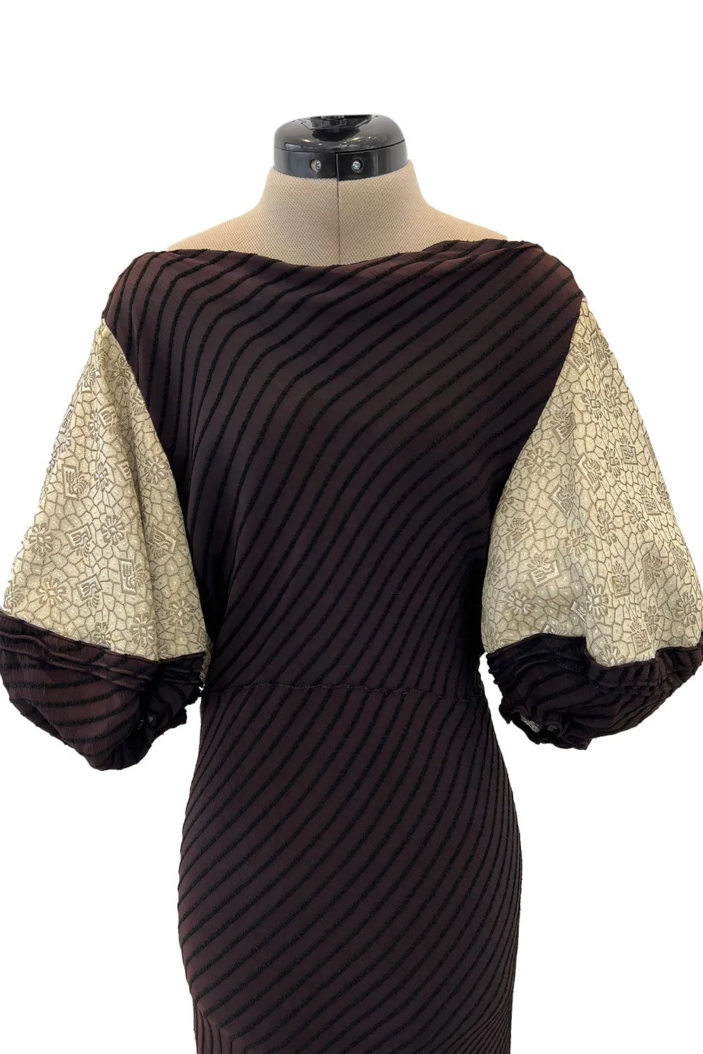 1930s Bias Cut Silk & Chenille Dress w Amazing Silk Metallic Lame Balloon Sleeves