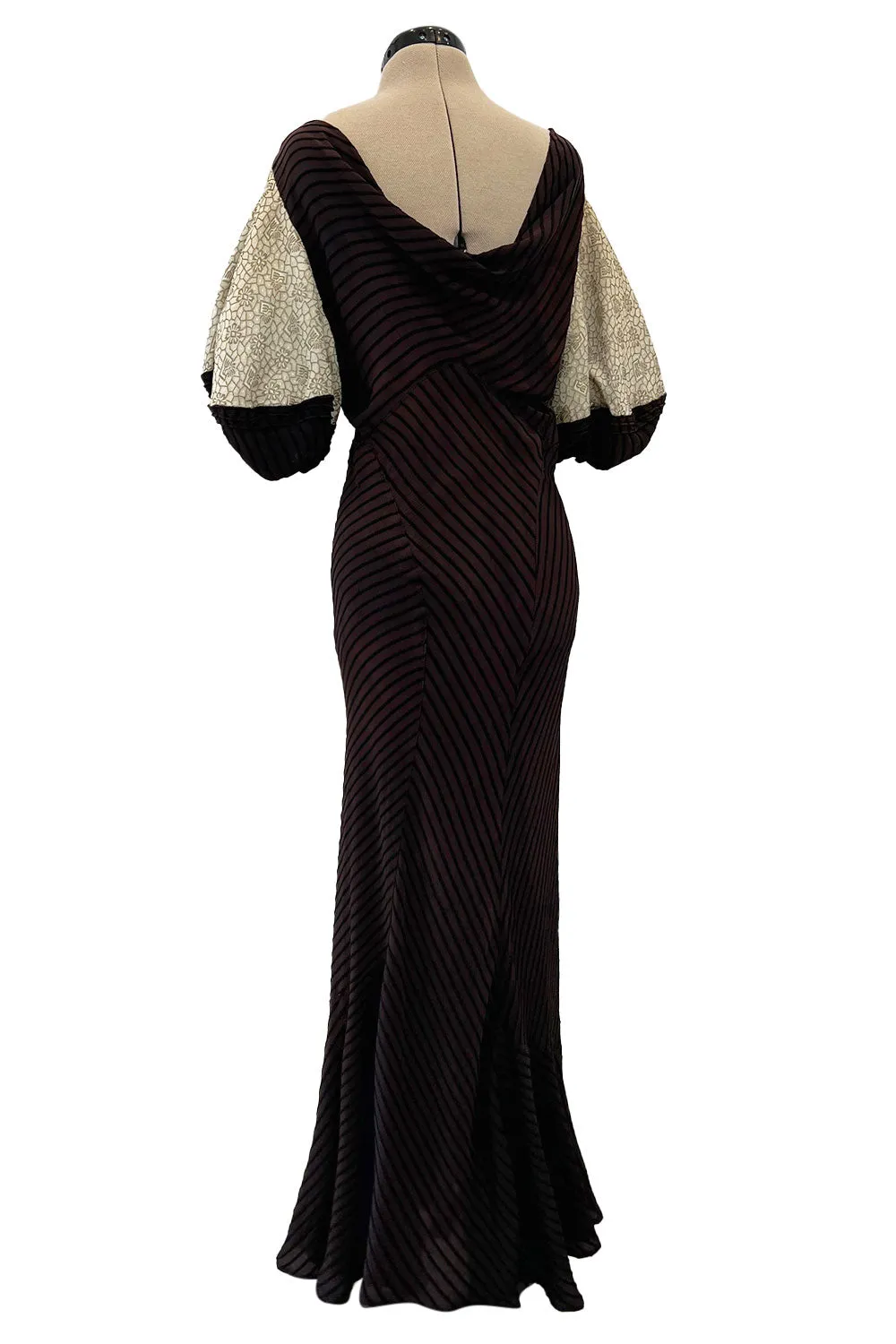 1930s Bias Cut Silk & Chenille Dress w Amazing Silk Metallic Lame Balloon Sleeves