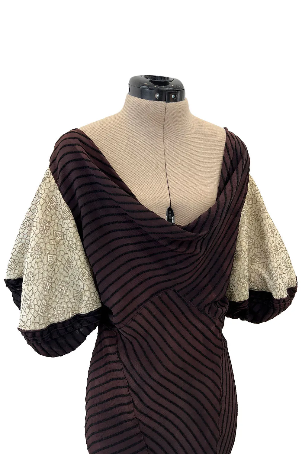 1930s Bias Cut Silk & Chenille Dress w Amazing Silk Metallic Lame Balloon Sleeves