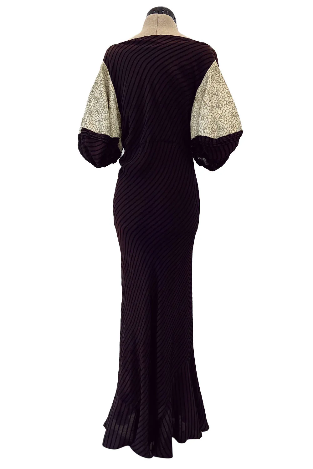 1930s Bias Cut Silk & Chenille Dress w Amazing Silk Metallic Lame Balloon Sleeves