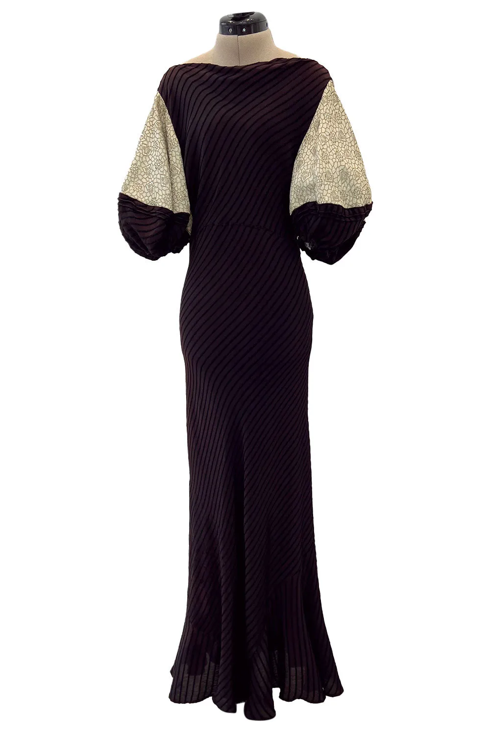 1930s Bias Cut Silk & Chenille Dress w Amazing Silk Metallic Lame Balloon Sleeves