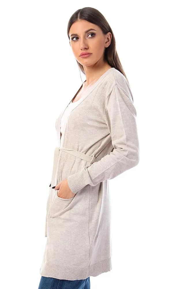 57730 Ribbed Cuffs Open Neckline Cardigan - Beige