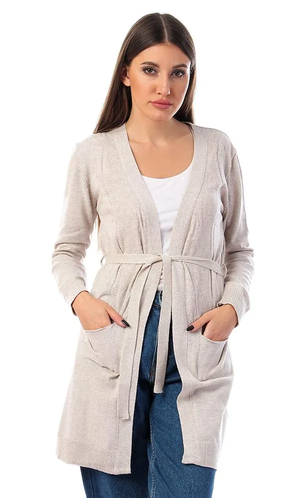 57730 Ribbed Cuffs Open Neckline Cardigan - Beige