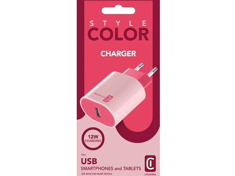 Adaptador - CellularLine Style Color, 12 W, Universal, Control de carga inteligente, Rosa