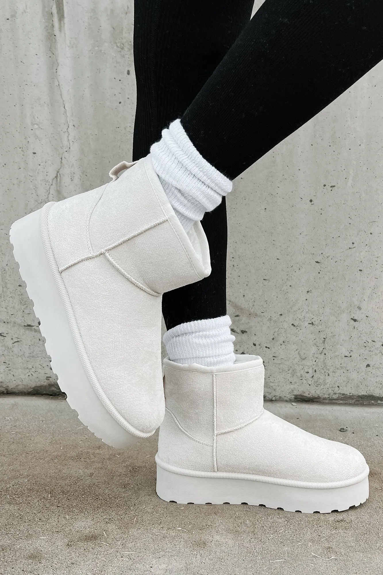 All Warm & Bundled Faux Fur Lined Mini Platform Booties (Off White)