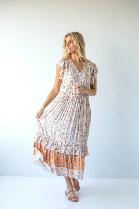 'Amaryllis' Boho Print Ruffle Detail Midi Dress in Light Peach