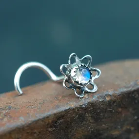 Antiqued Blossom Nose Stud - Sterling Silver and Rainbow Moonstone