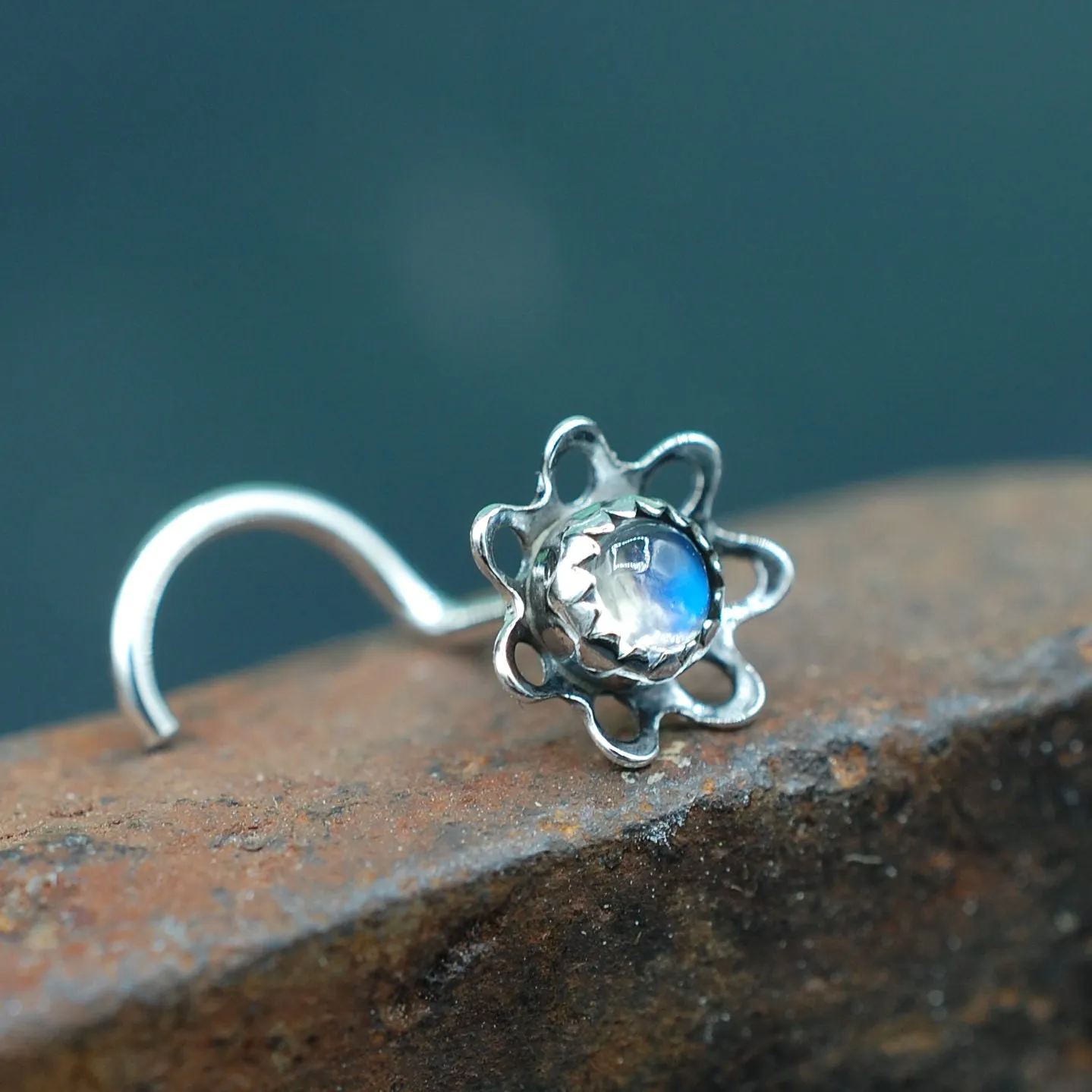 Antiqued Blossom Nose Stud - Sterling Silver and Rainbow Moonstone