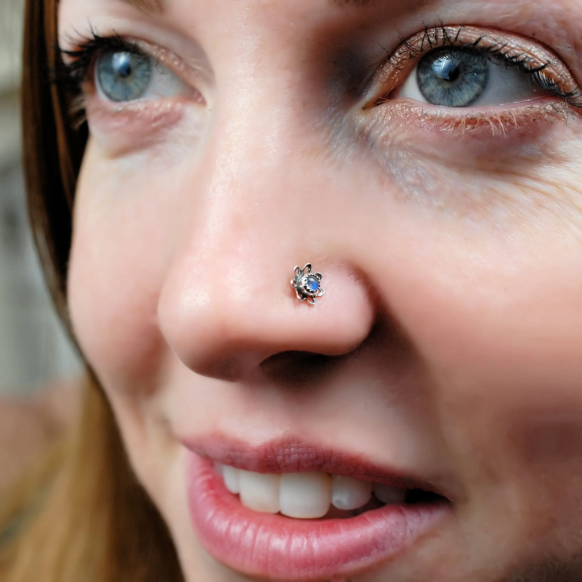 Antiqued Blossom Nose Stud - Sterling Silver and Rainbow Moonstone