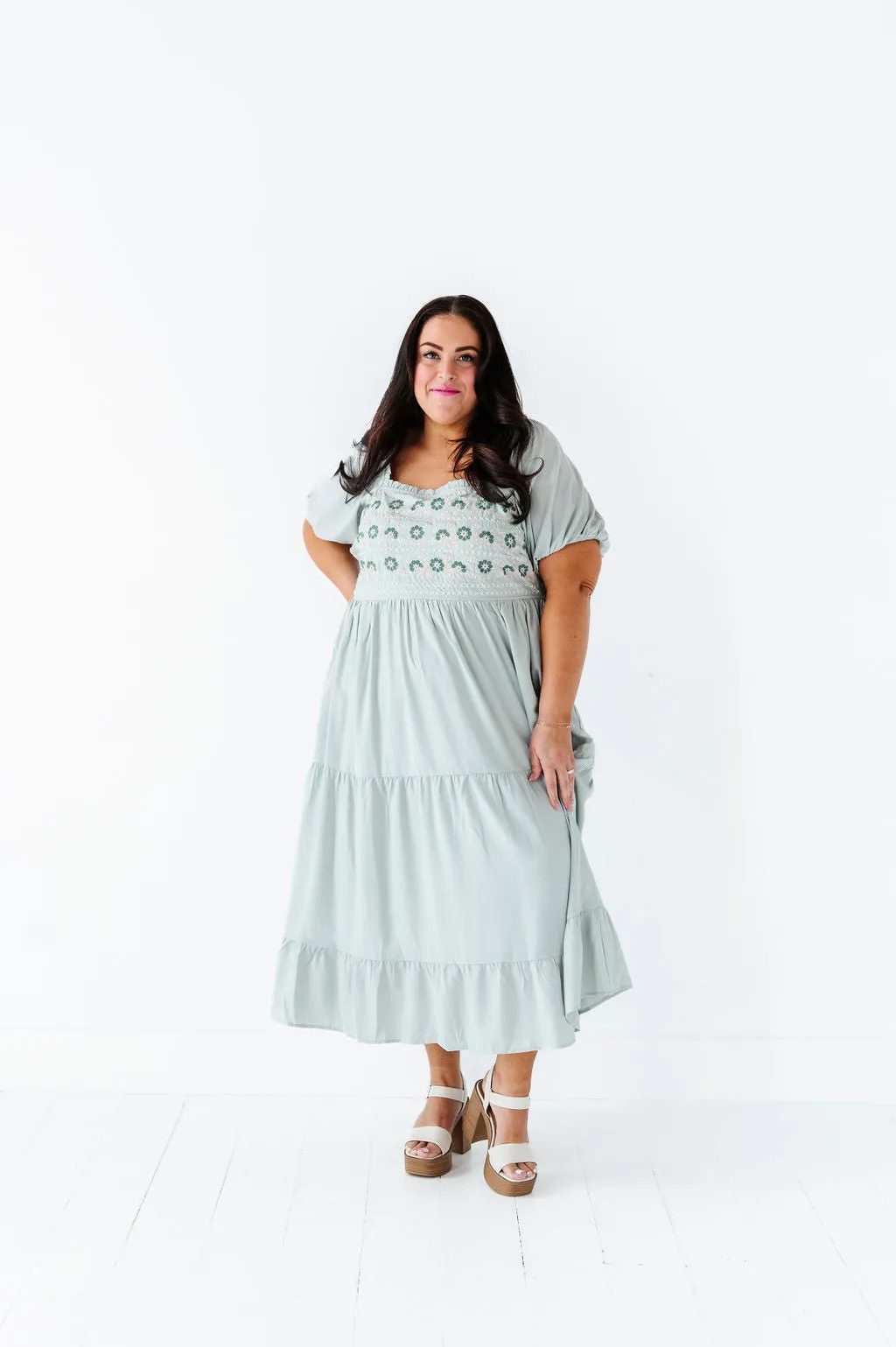 Brooklyn Floral Embroidered Dress In Sage