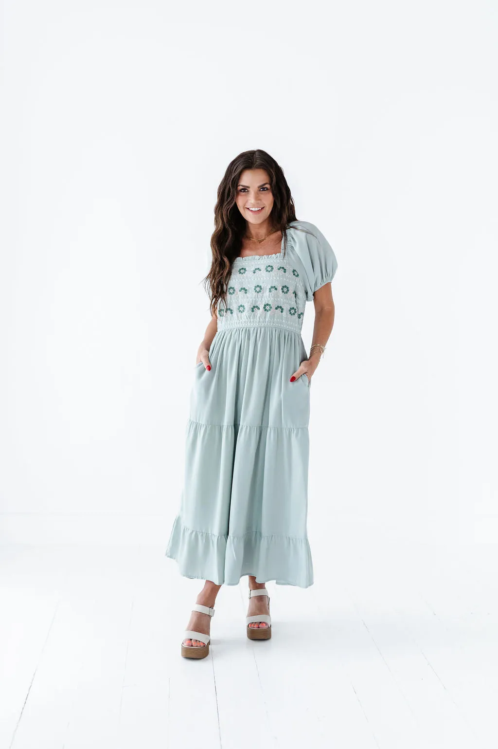 Brooklyn Floral Embroidered Dress In Sage