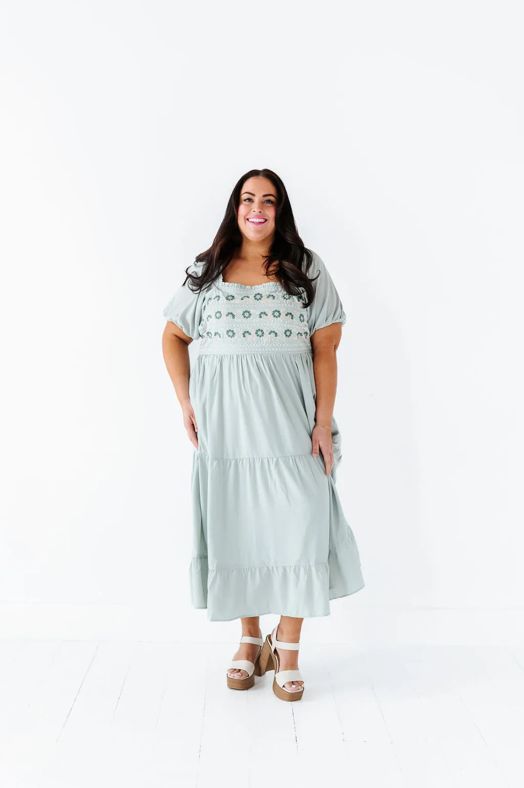 Brooklyn Floral Embroidered Dress In Sage