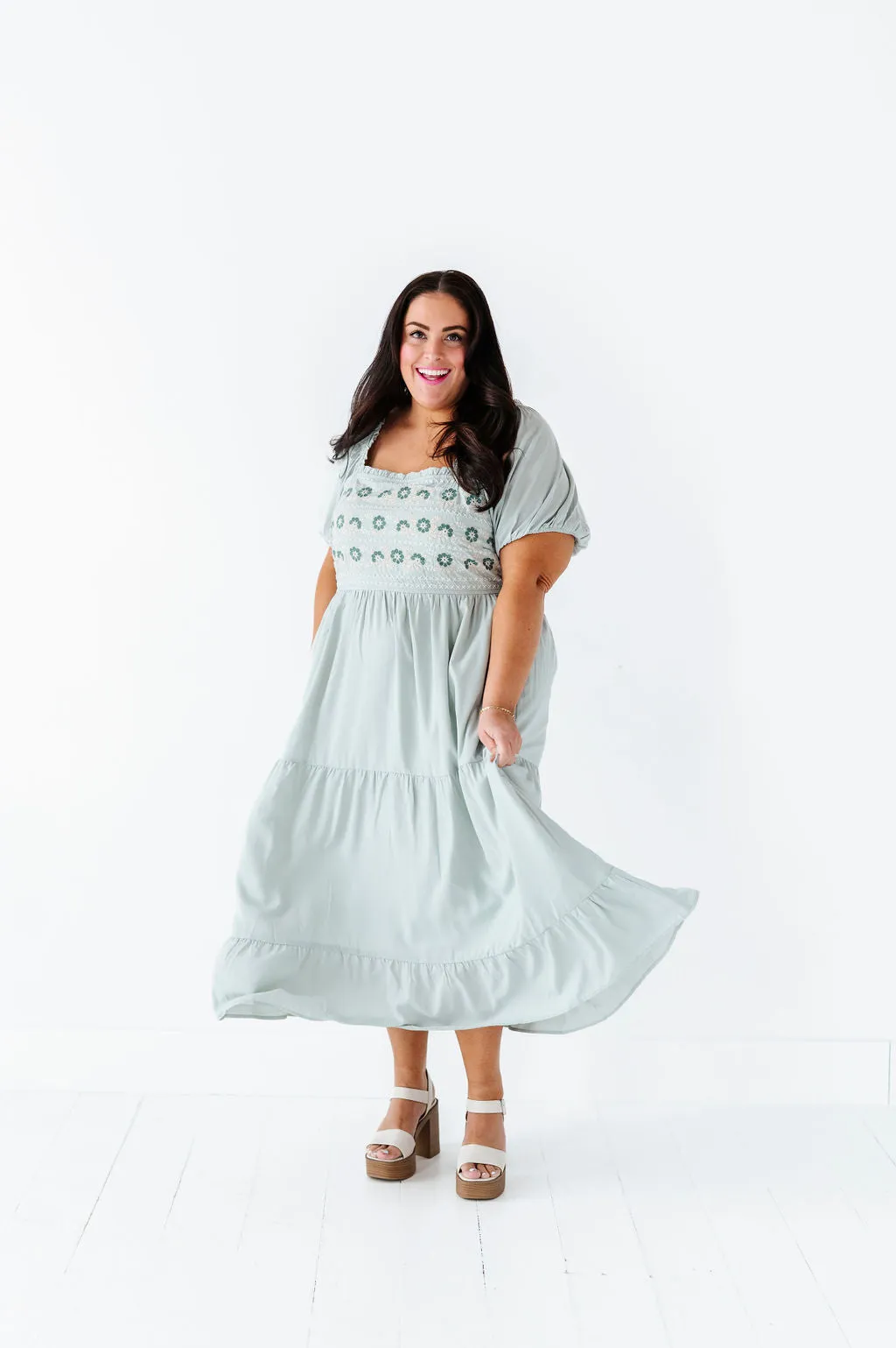 Brooklyn Floral Embroidered Dress In Sage