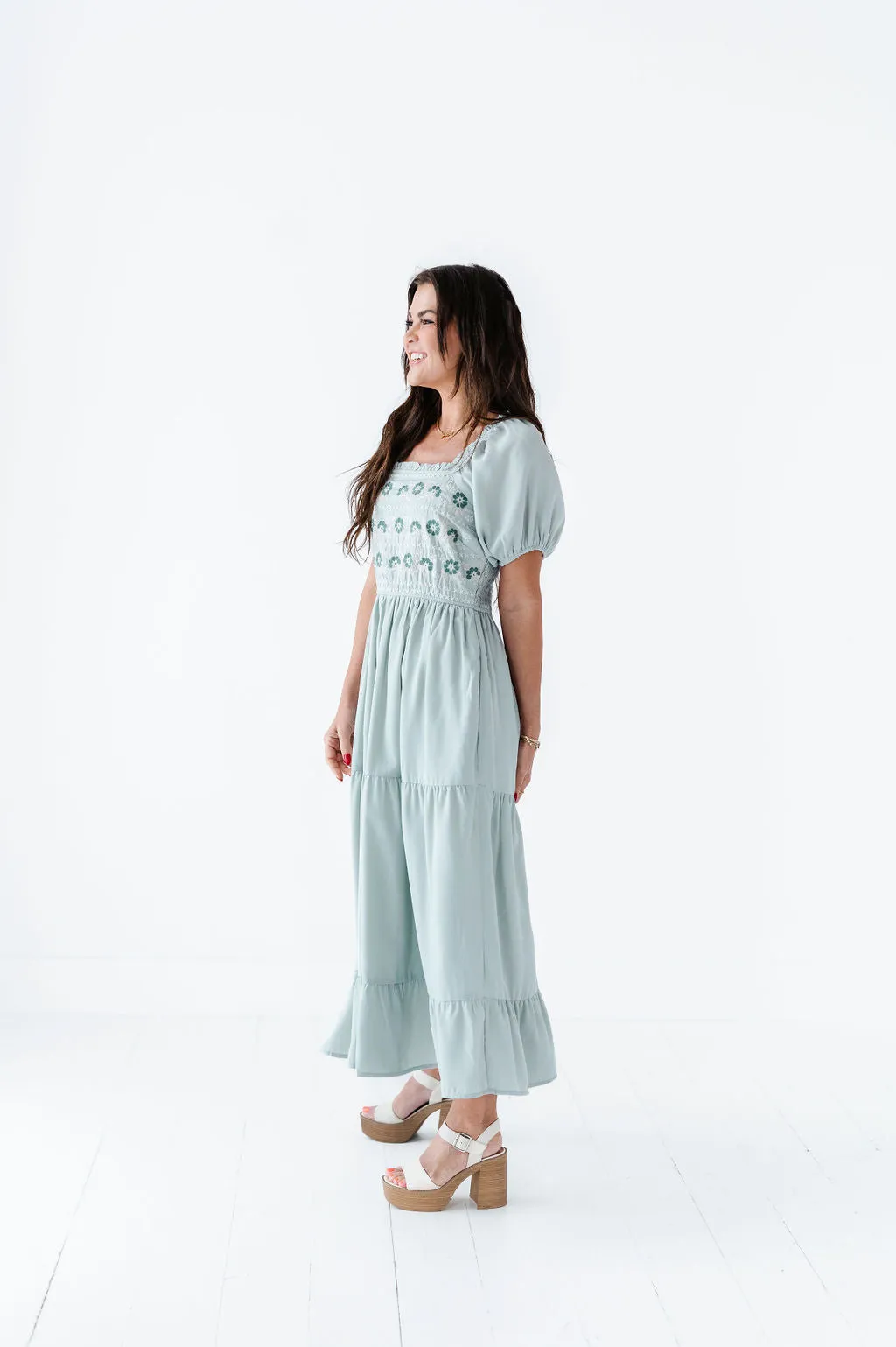 Brooklyn Floral Embroidered Dress In Sage