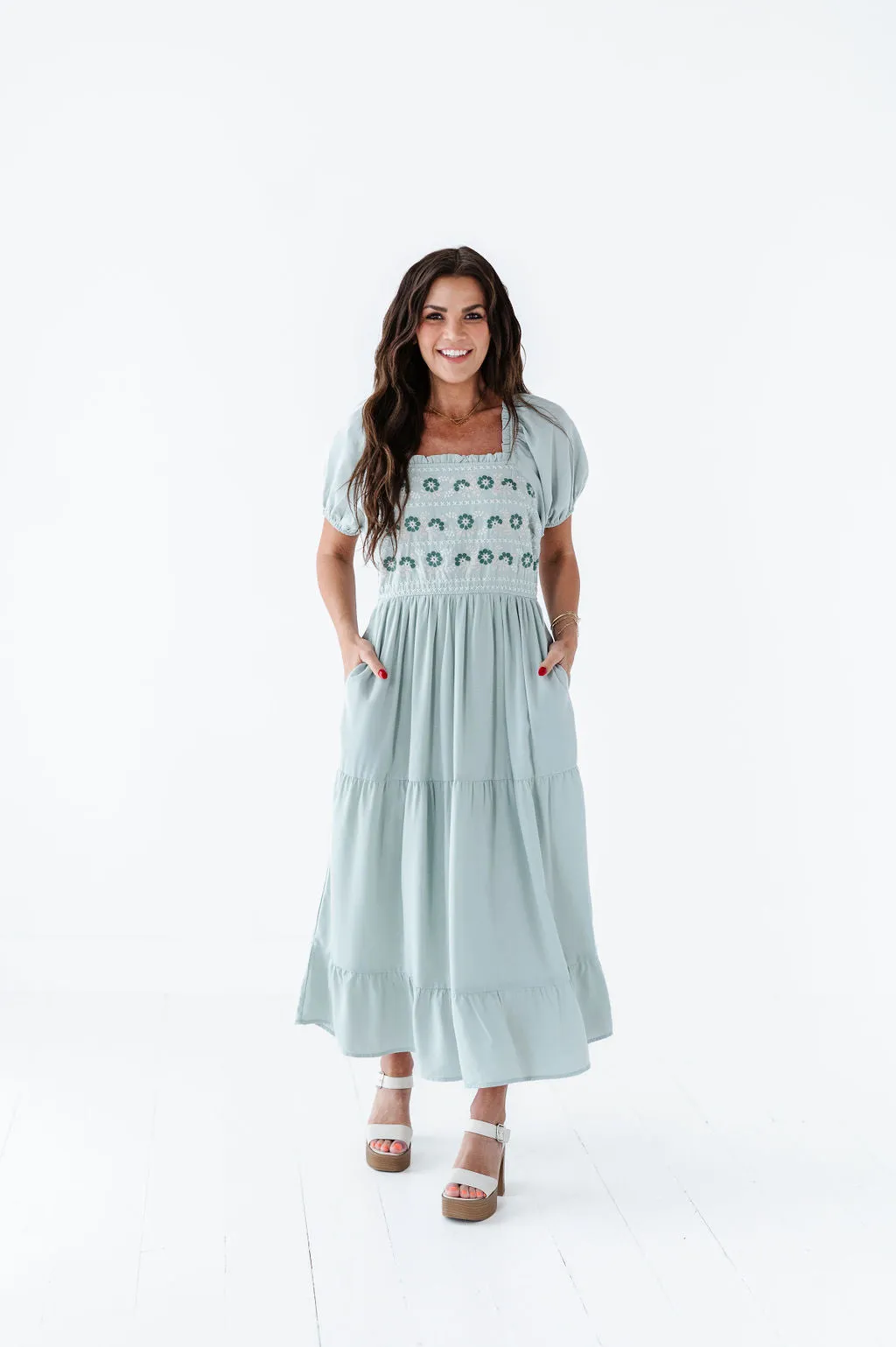 Brooklyn Floral Embroidered Dress In Sage