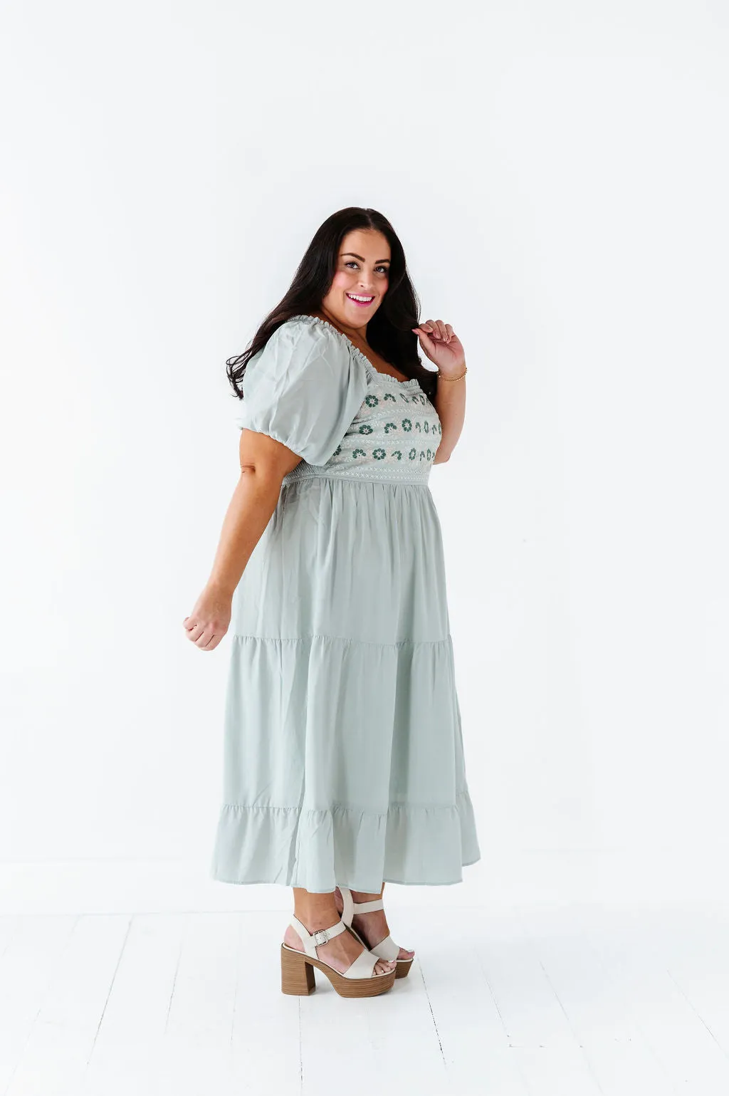 Brooklyn Floral Embroidered Dress In Sage