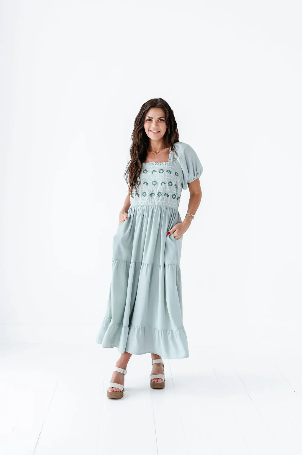 Brooklyn Floral Embroidered Dress In Sage