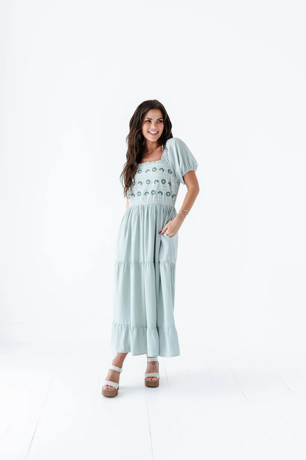 Brooklyn Floral Embroidered Dress In Sage