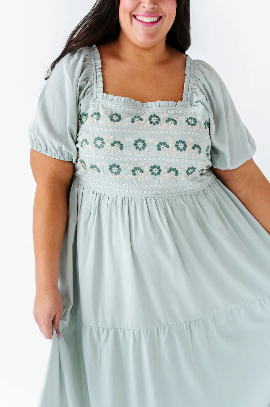 Brooklyn Floral Embroidered Dress In Sage