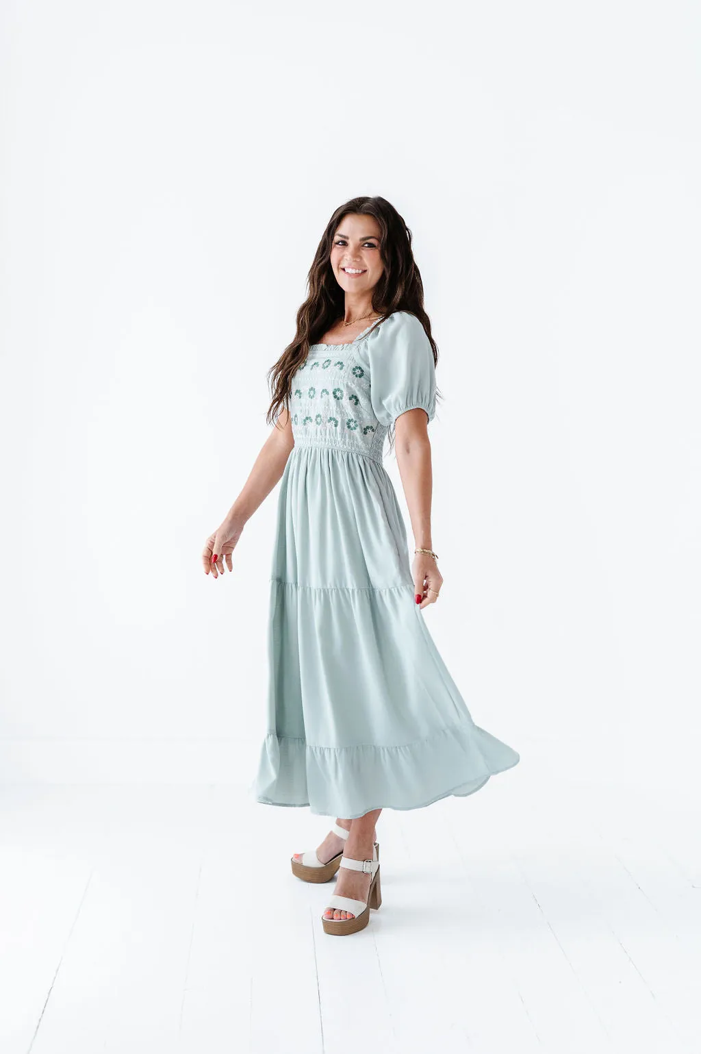 Brooklyn Floral Embroidered Dress In Sage