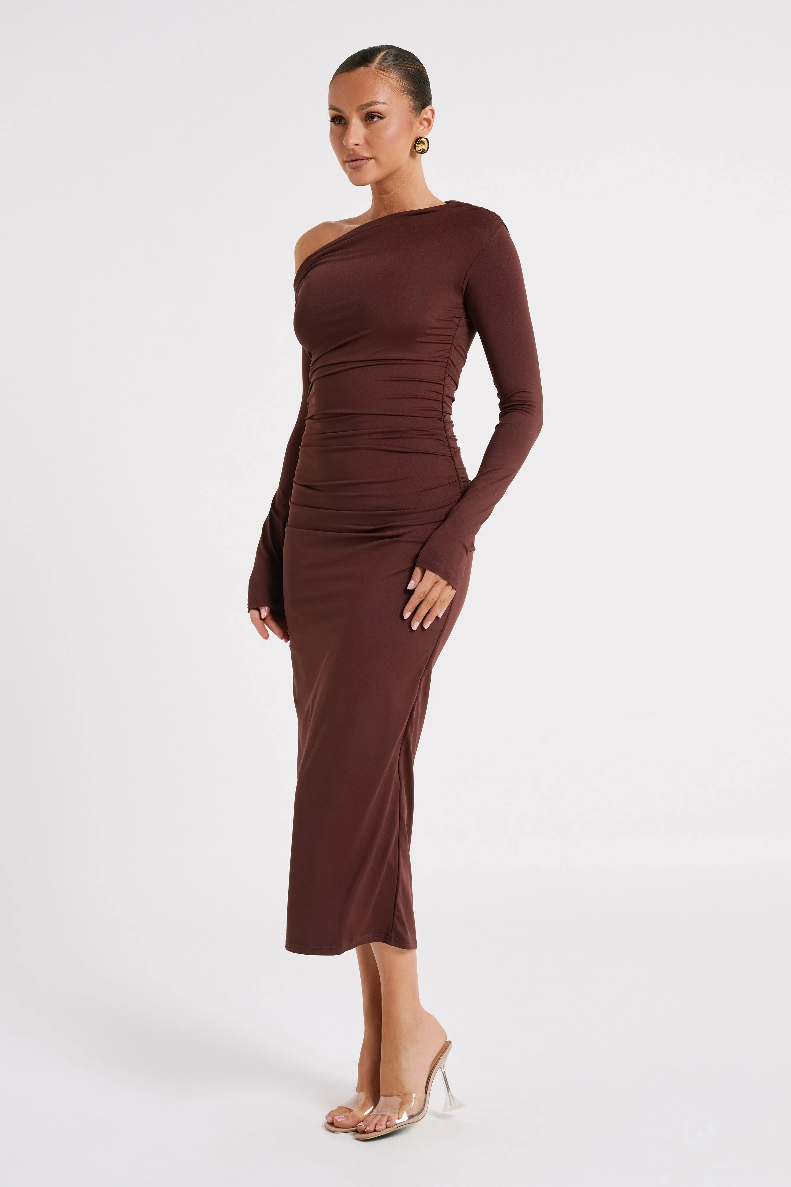 Christabel Recycled Nylon Ruched Midi Dress - Chocolate