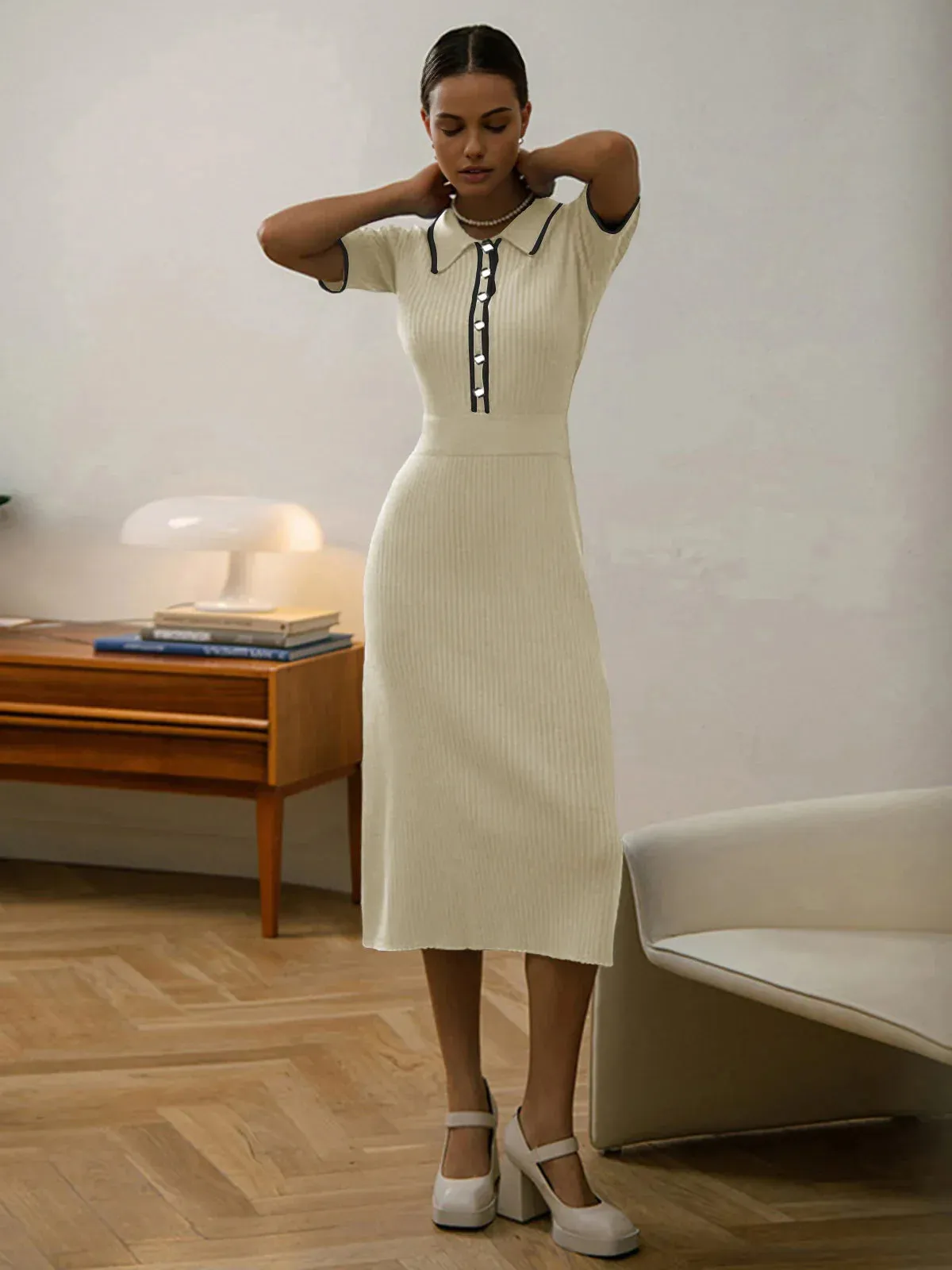 Contrast Trim Rib Knit Short Sleeve Midi Dress