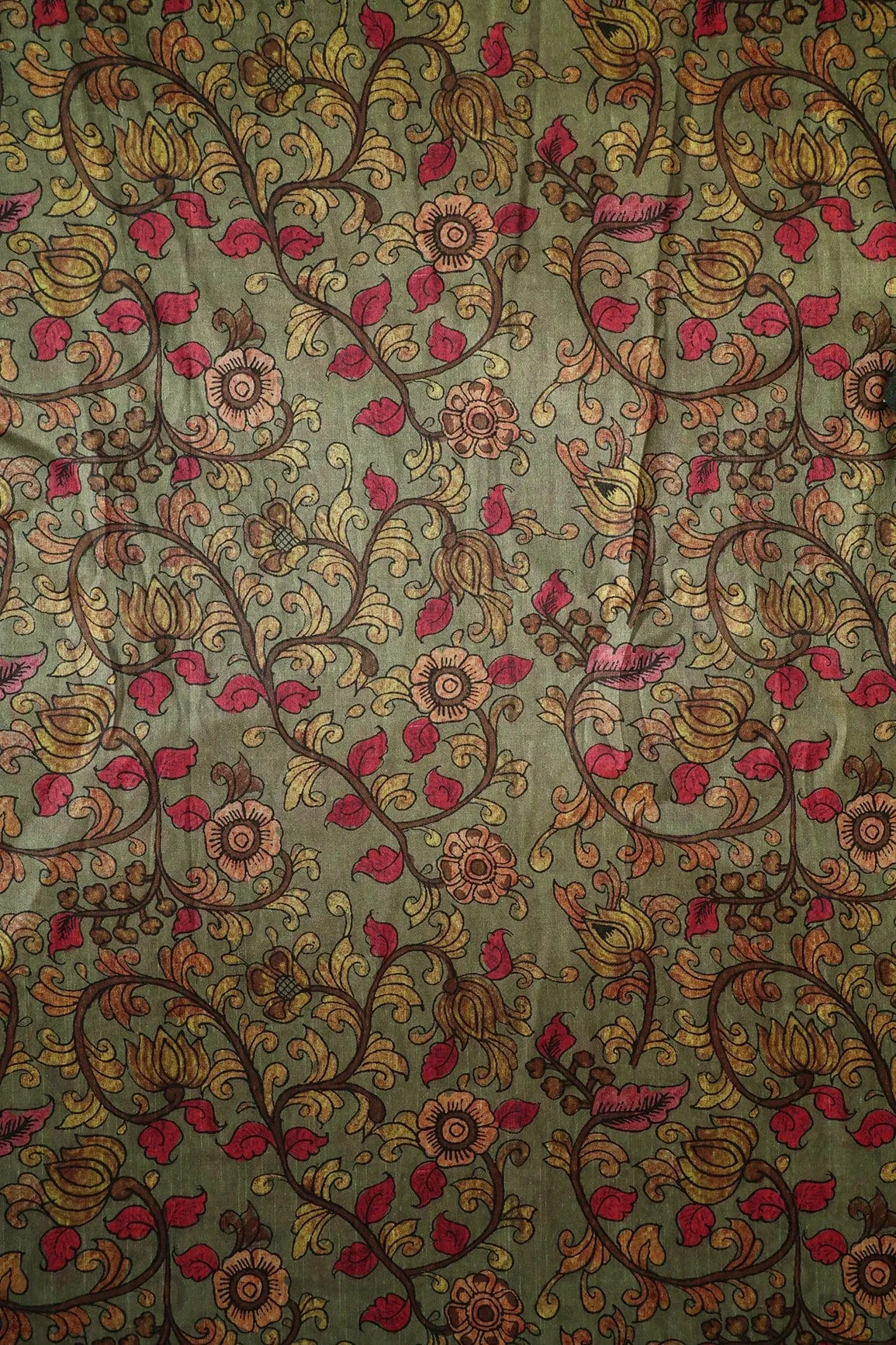 Dark Olive Floral Pattern Digital Print On Mulberry Silk Fabric