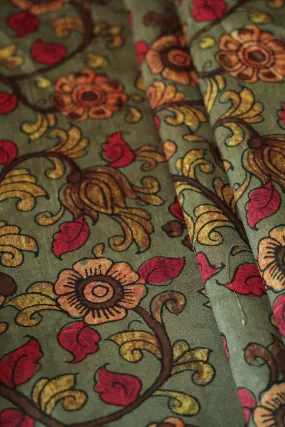 Dark Olive Floral Pattern Digital Print On Mulberry Silk Fabric