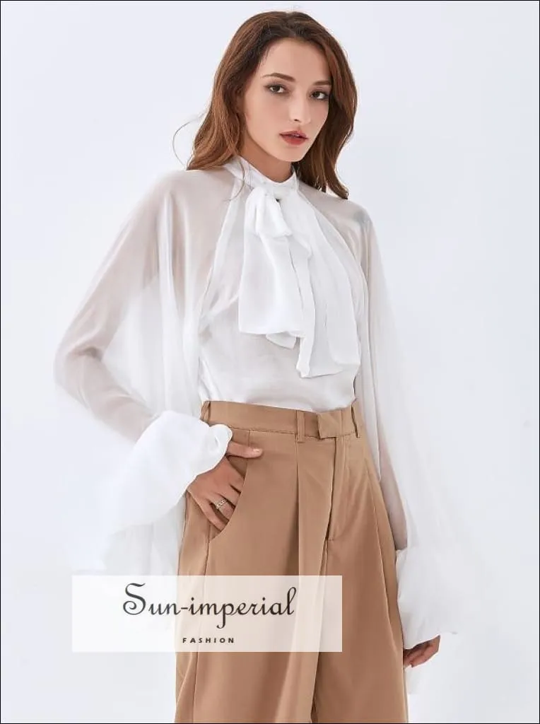 Demi top - Women's White Sheer Chiffon Long Lantern Sleeve Bow Tie Blouse