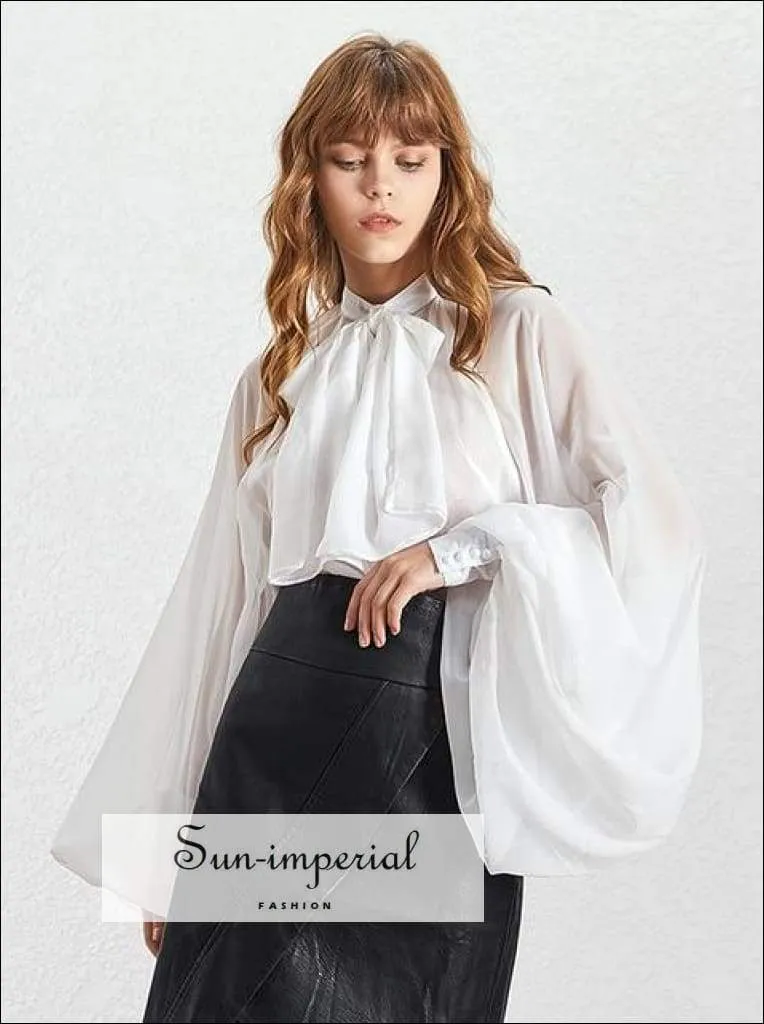 Demi top - Women's White Sheer Chiffon Long Lantern Sleeve Bow Tie Blouse