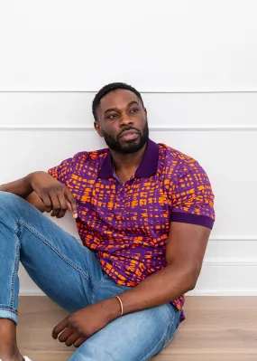 Femi Men's African Print Polo Shirt (Purple Tangerine Adire) - Clearance