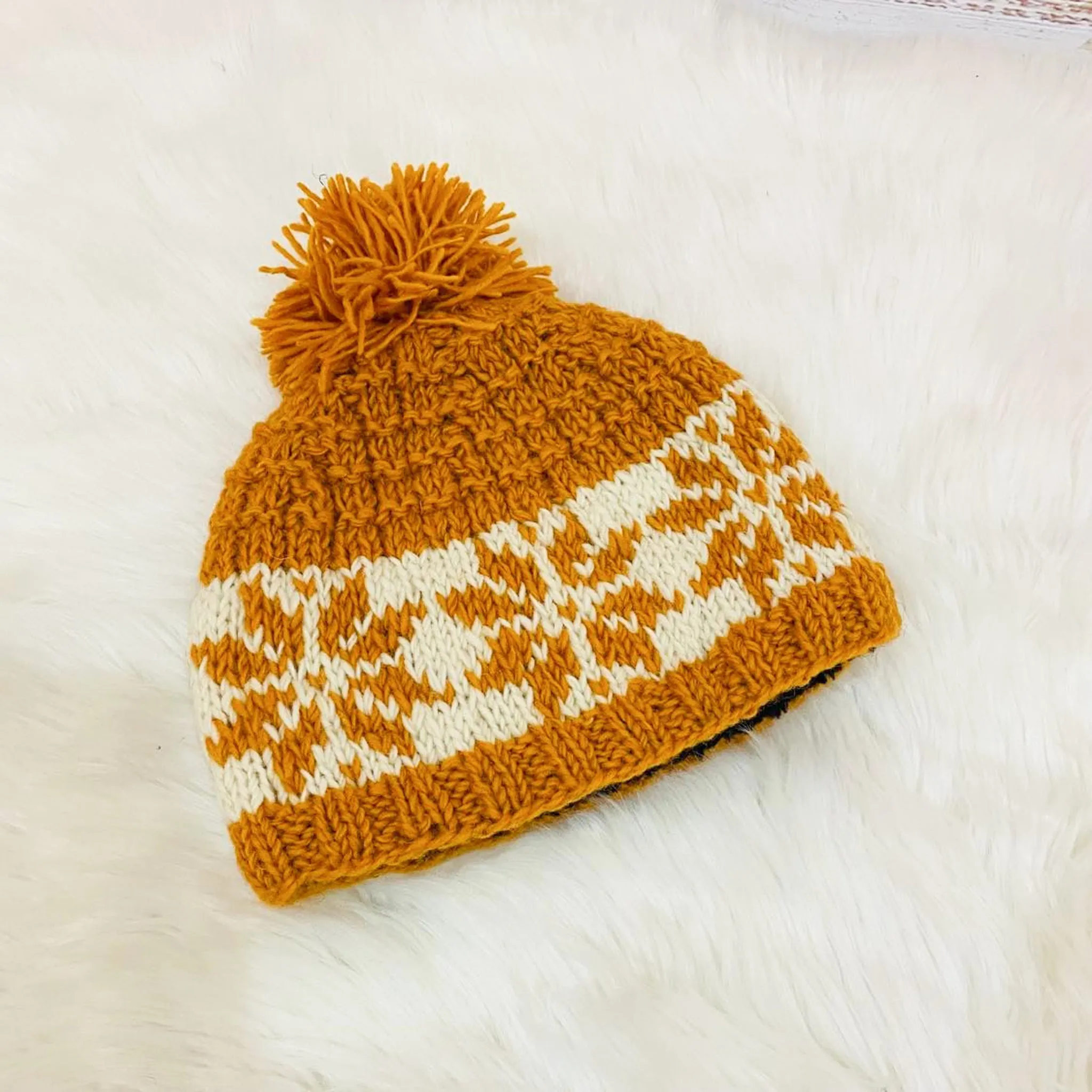 Hand Knit Wool Pom Pom  Winter Hat