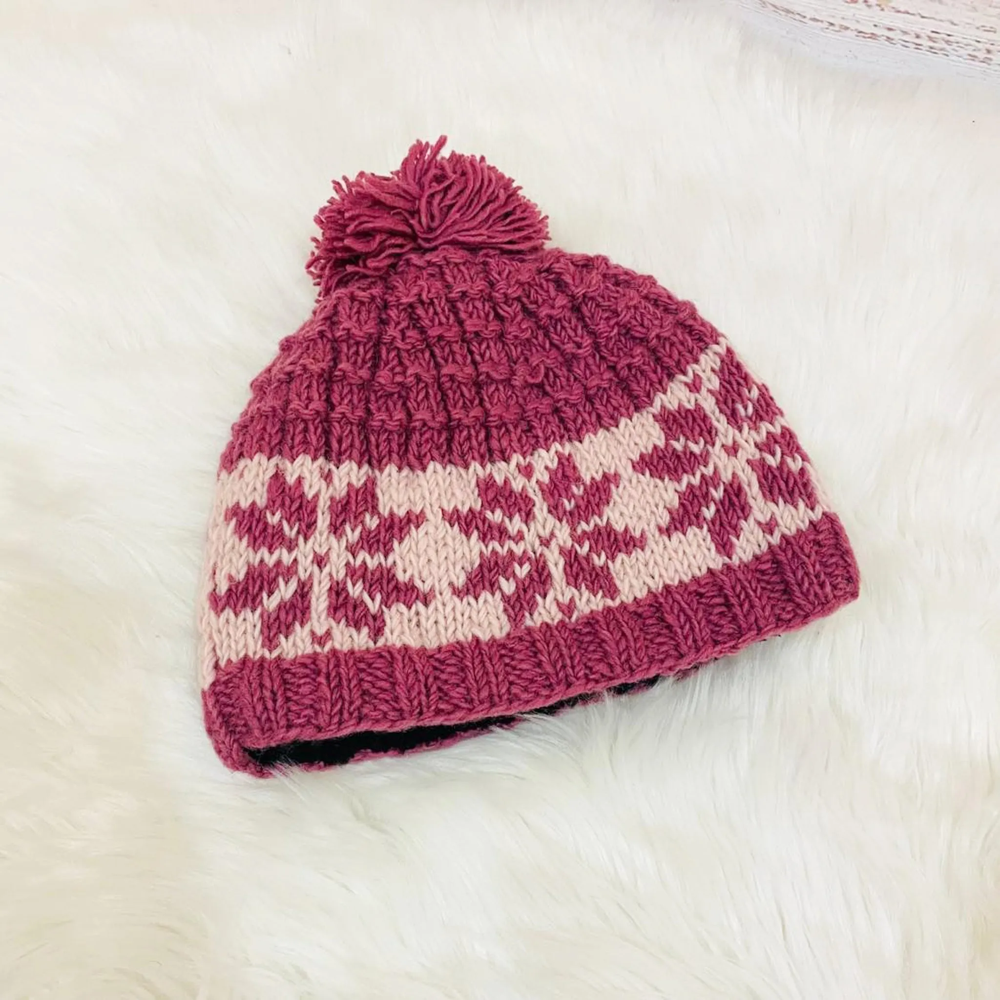 Hand Knit Wool Pom Pom  Winter Hat