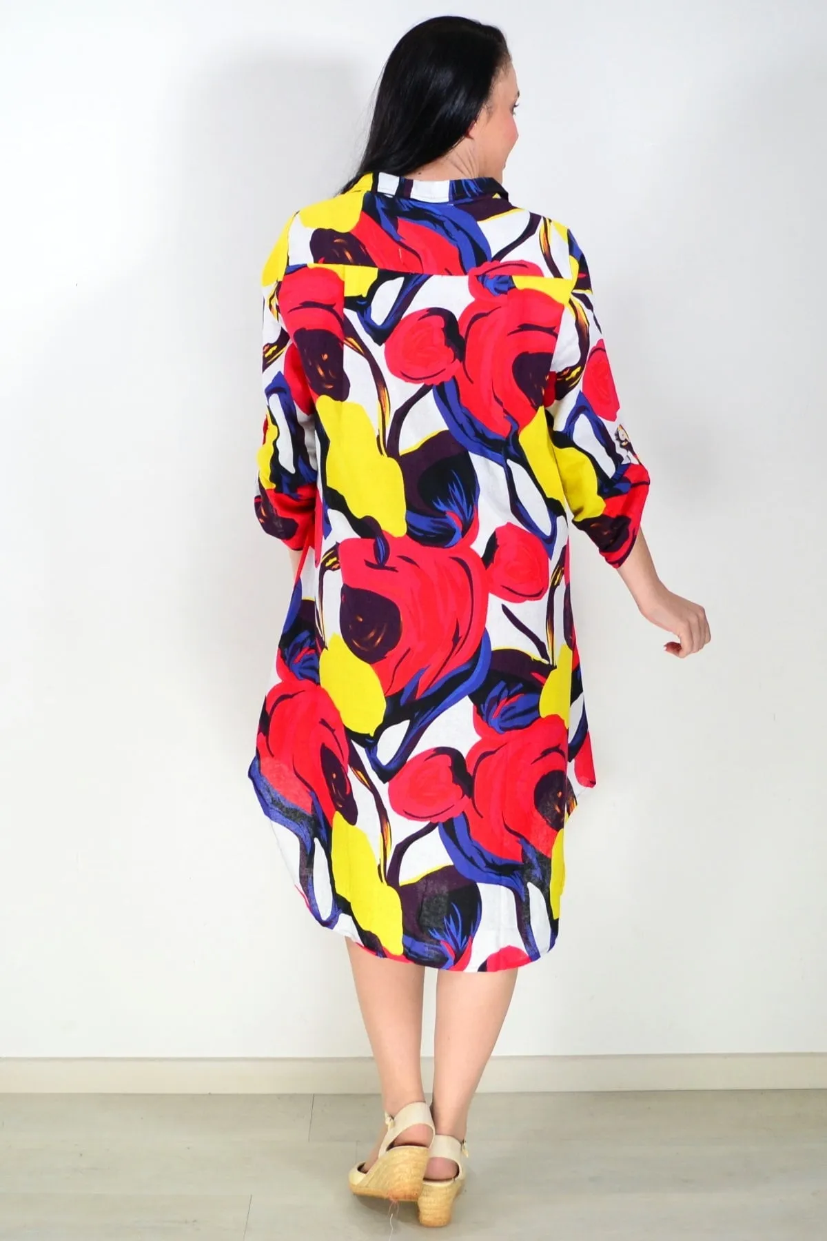 Ladies Long Shirt Red Yellow Print