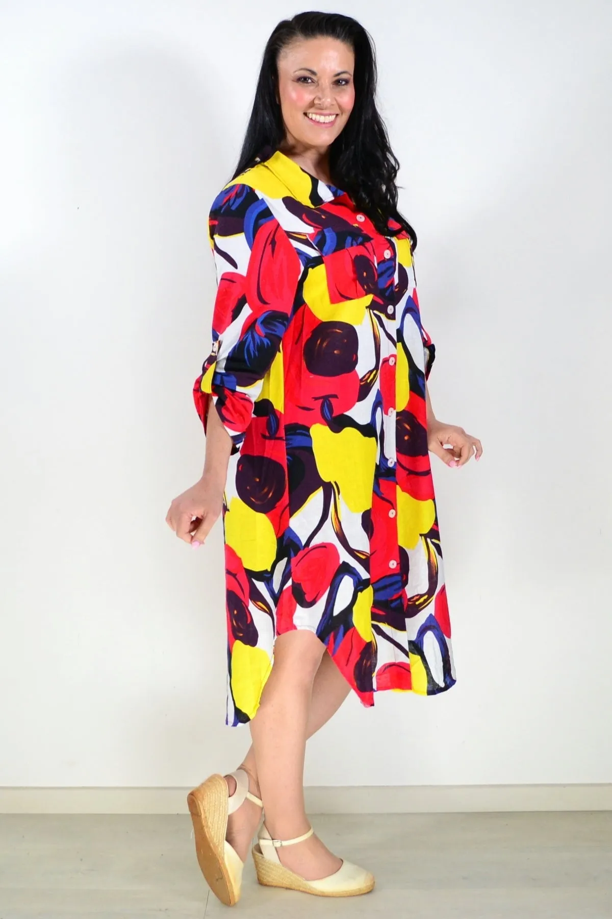 Ladies Long Shirt Red Yellow Print