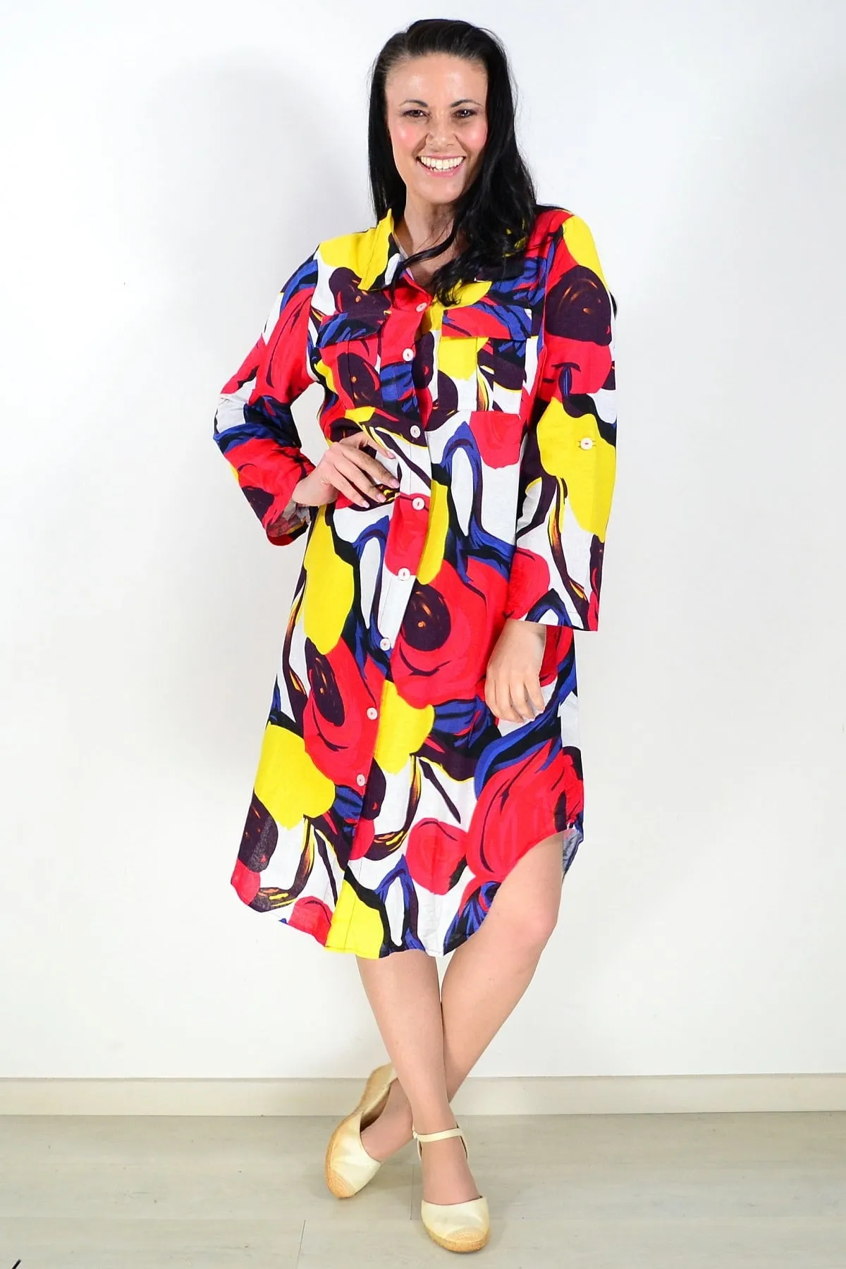 Ladies Long Shirt Red Yellow Print