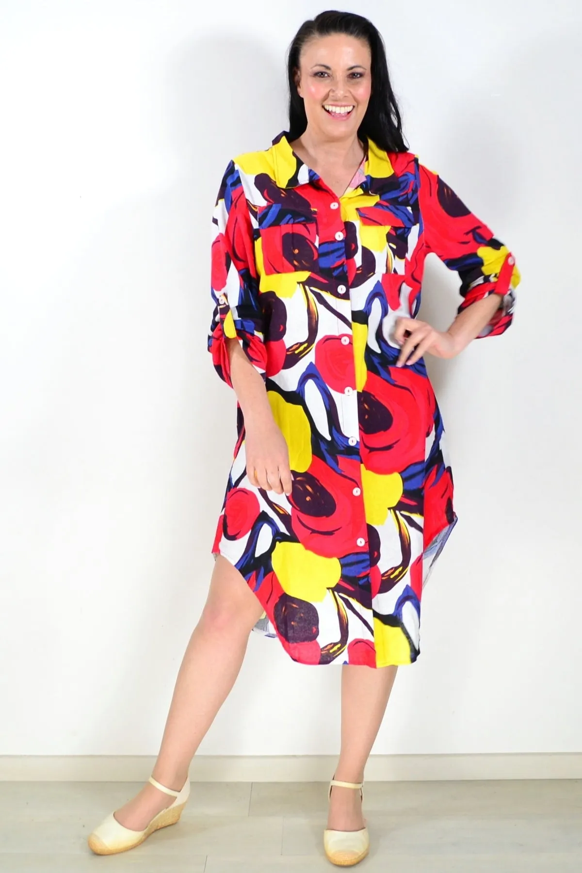 Ladies Long Shirt Red Yellow Print