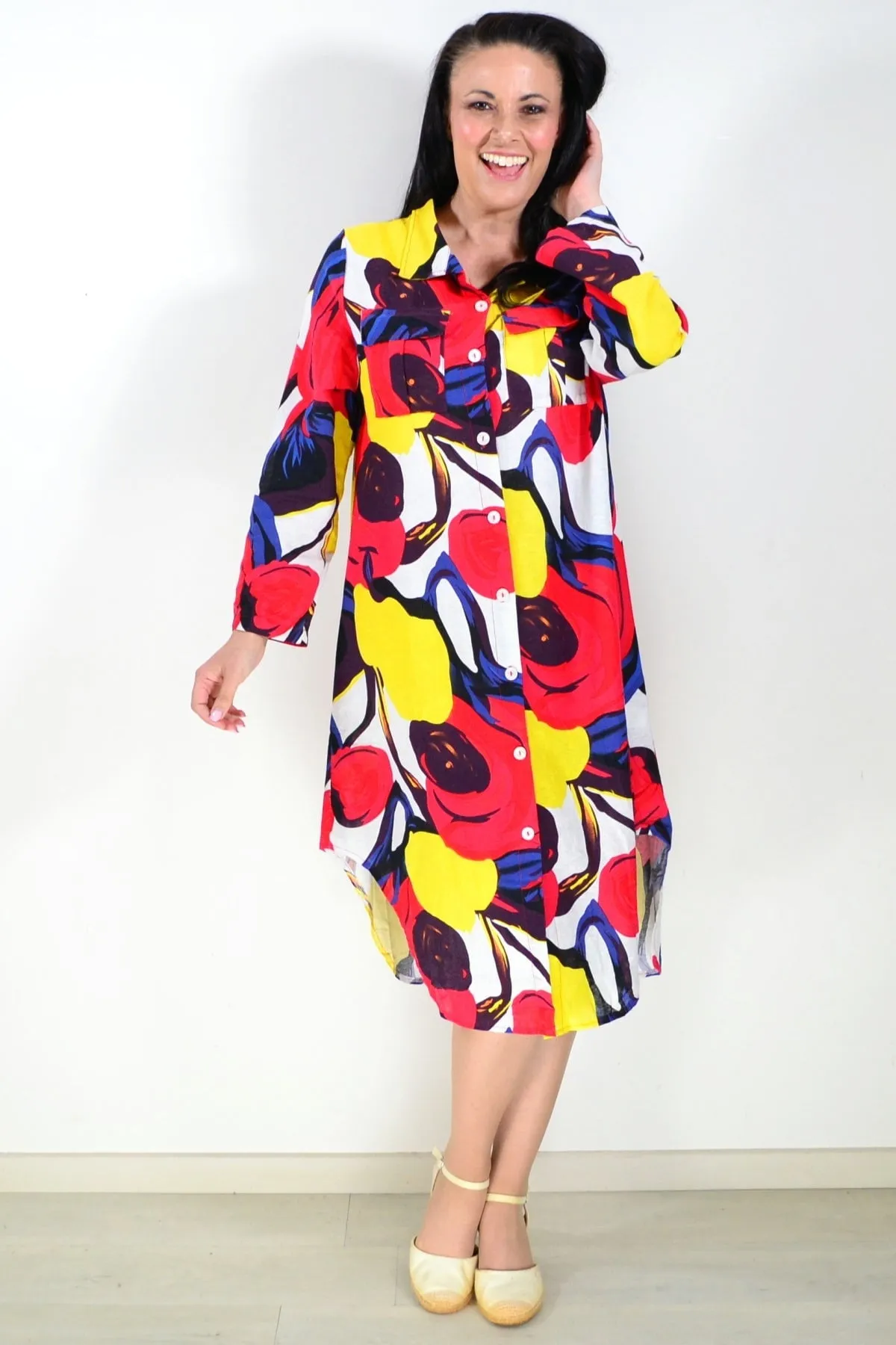 Ladies Long Shirt Red Yellow Print