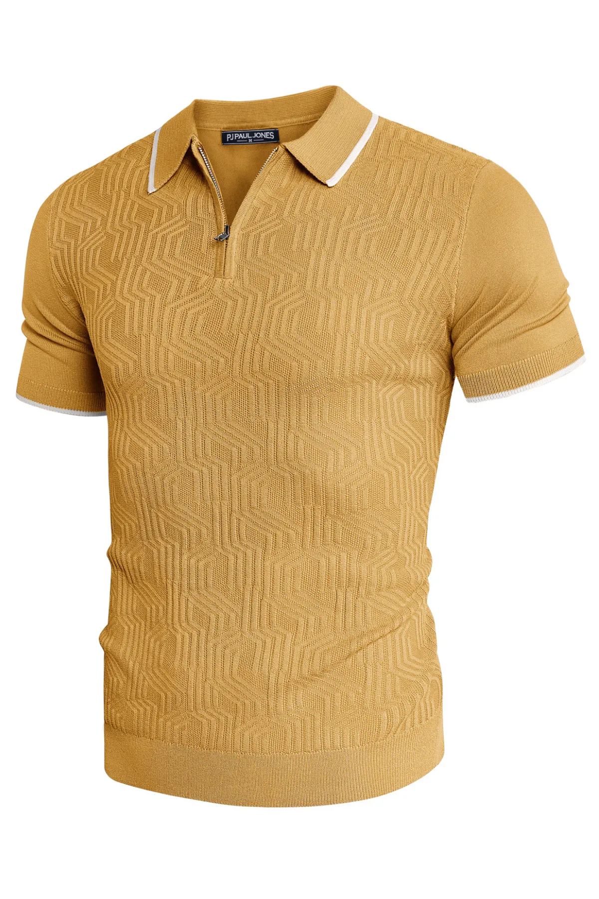 Men Textured Knitwear Short Sleeve Lapel Collar Zip-up Neck Knitted Tops