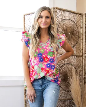 Millie Fuchsia Floral V Neck Ruffle Top FINAL SALE