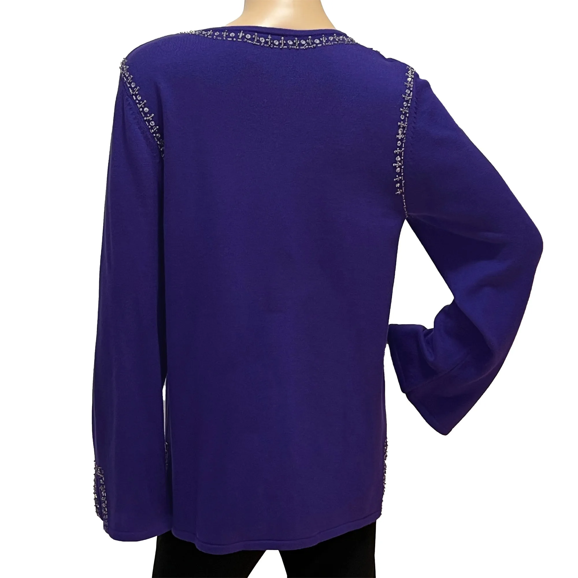 Quacker Factory Purple Bead, Pearl and Rhinestone Embellished Knit Pullover Sweater Top - M