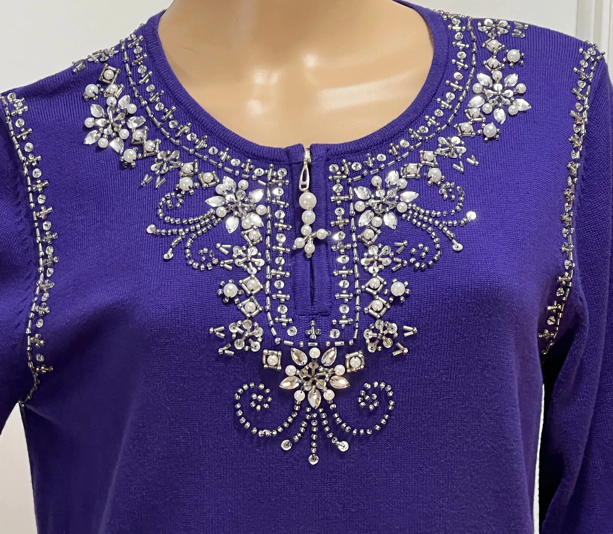 Quacker Factory Purple Bead, Pearl and Rhinestone Embellished Knit Pullover Sweater Top - M