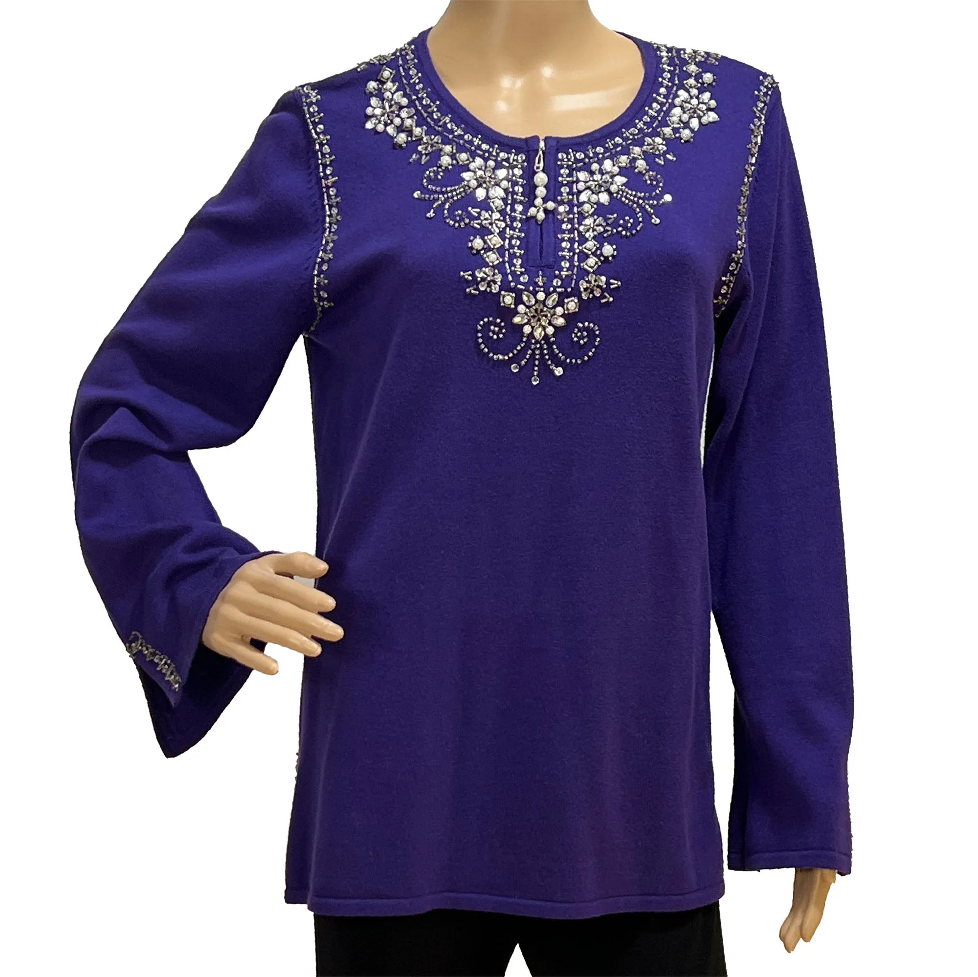 Quacker Factory Purple Bead, Pearl and Rhinestone Embellished Knit Pullover Sweater Top - M