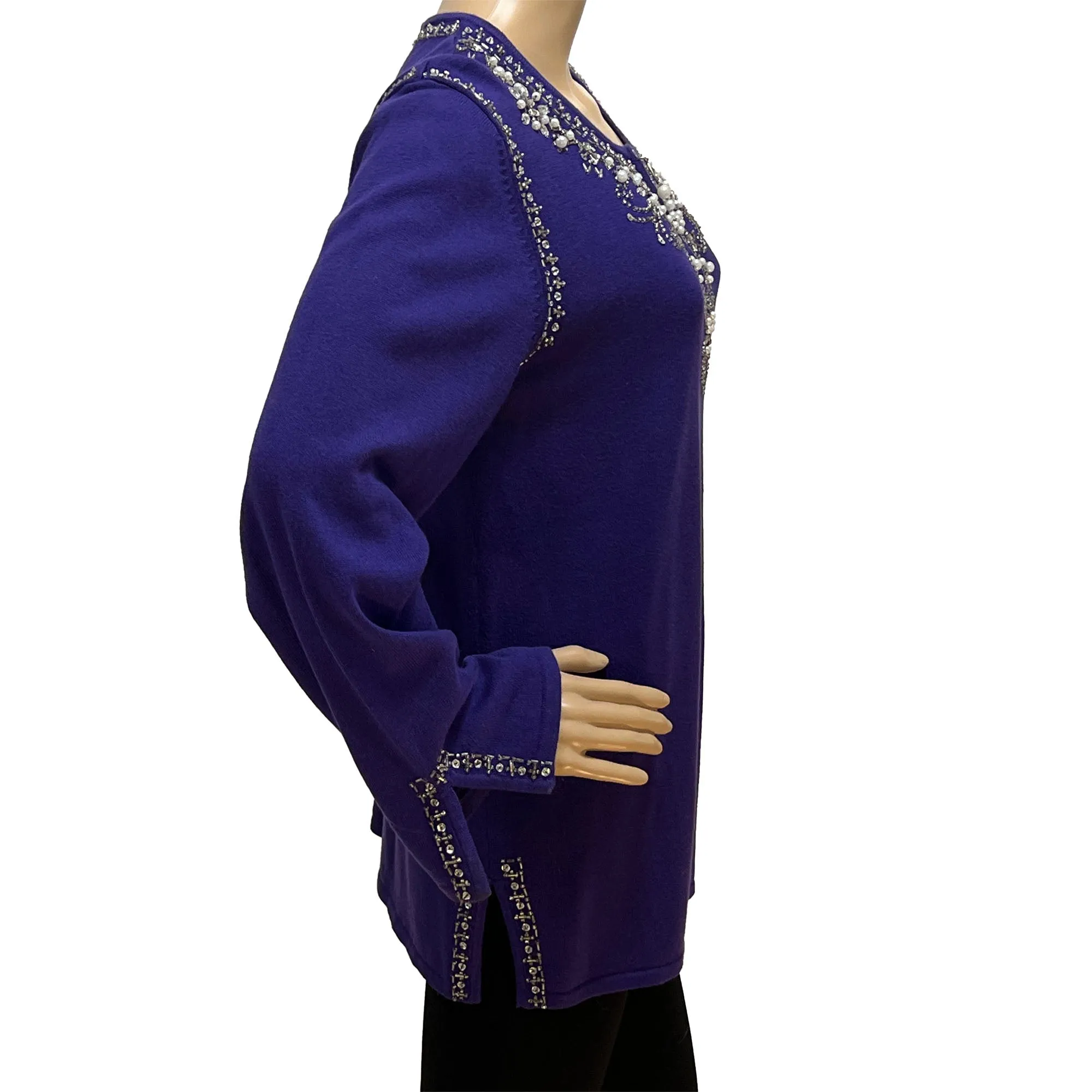 Quacker Factory Purple Bead, Pearl and Rhinestone Embellished Knit Pullover Sweater Top - M