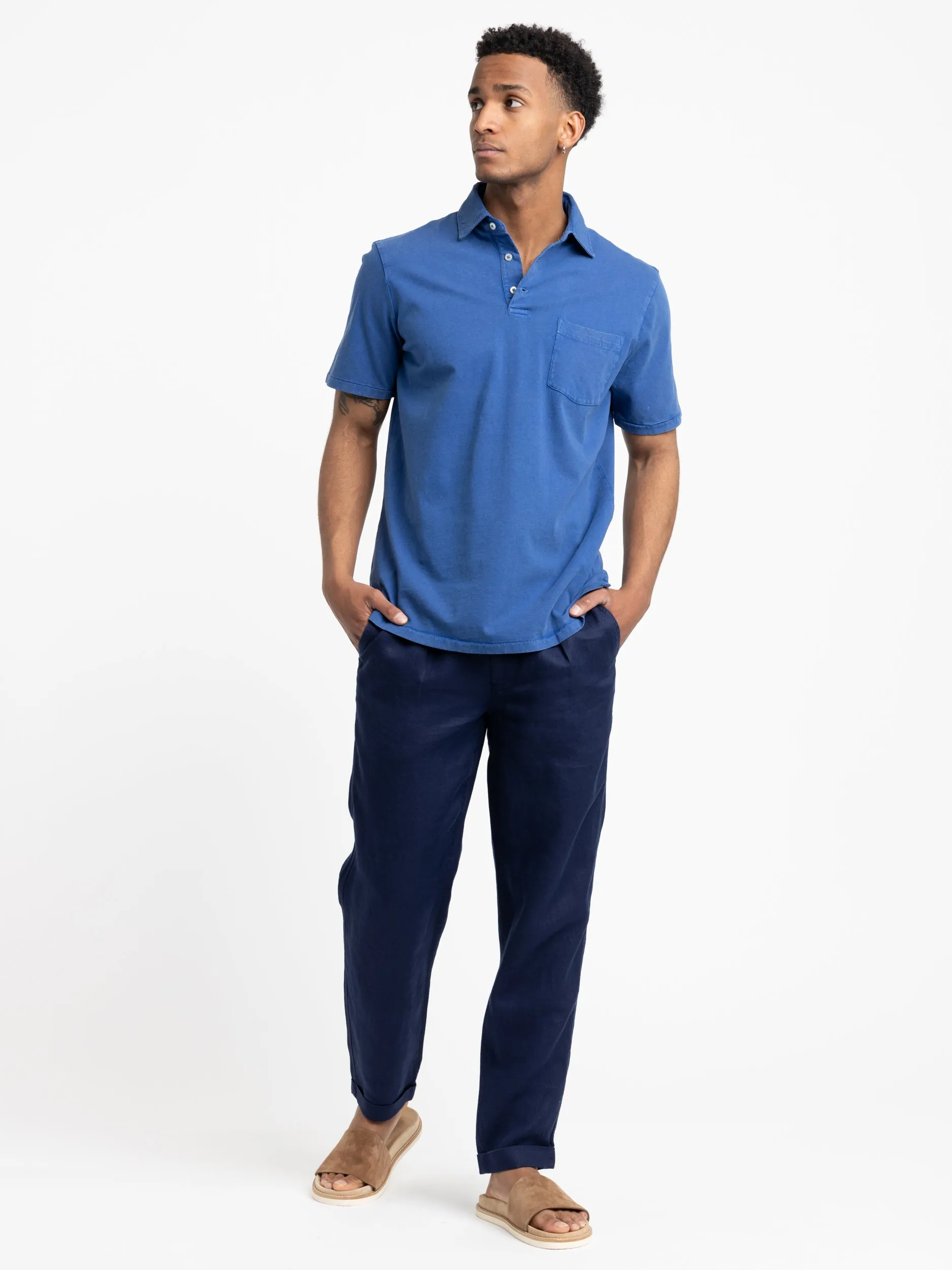 Royal Blue Classic Fit Cotton-Linen Polo Shirt